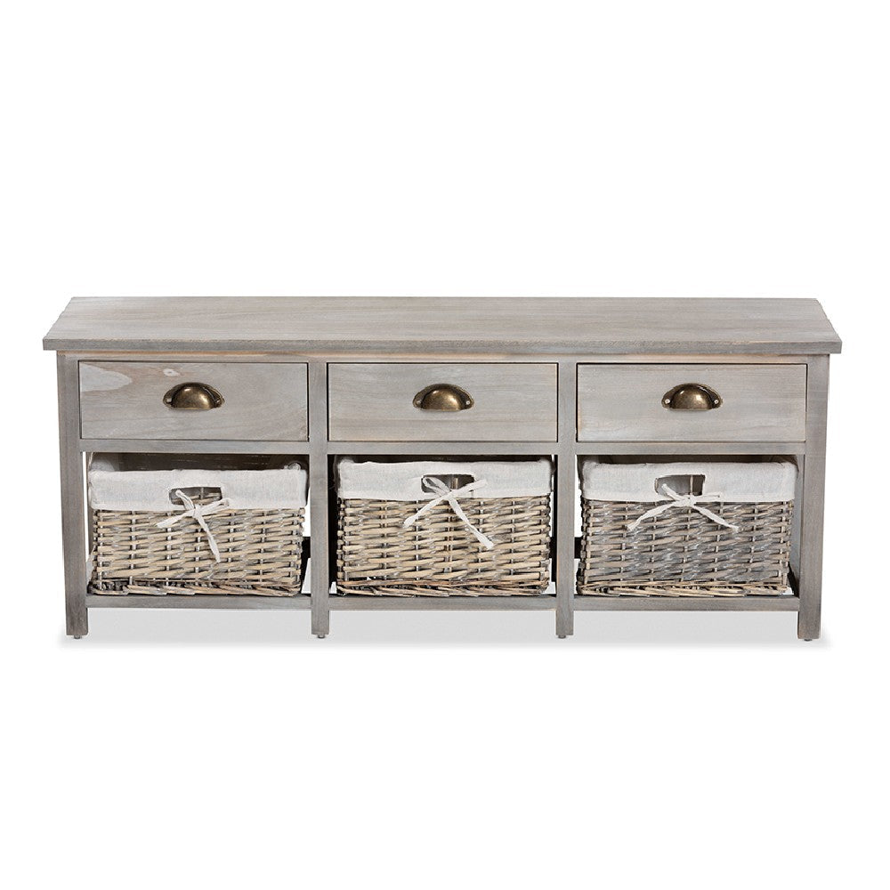 Baxton Studio Mabyn Modern and Contemporary Light Grey Finished Wood 3-Drawer Storage Bench with Baskets WHI-FZC200361-Light-Grey-Bench