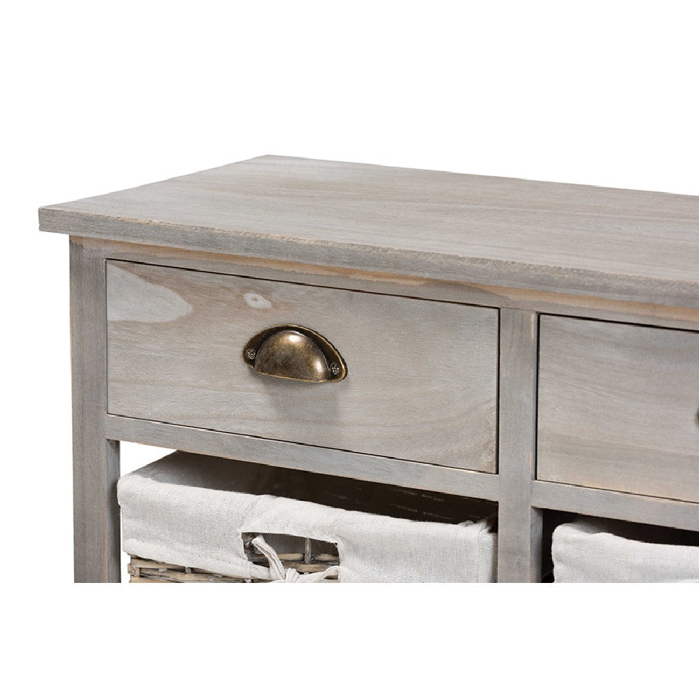 Baxton Studio Mabyn Modern and Contemporary Light Grey Finished Wood 3-Drawer Storage Bench with Baskets WHI-FZC200361-Light-Grey-Bench
