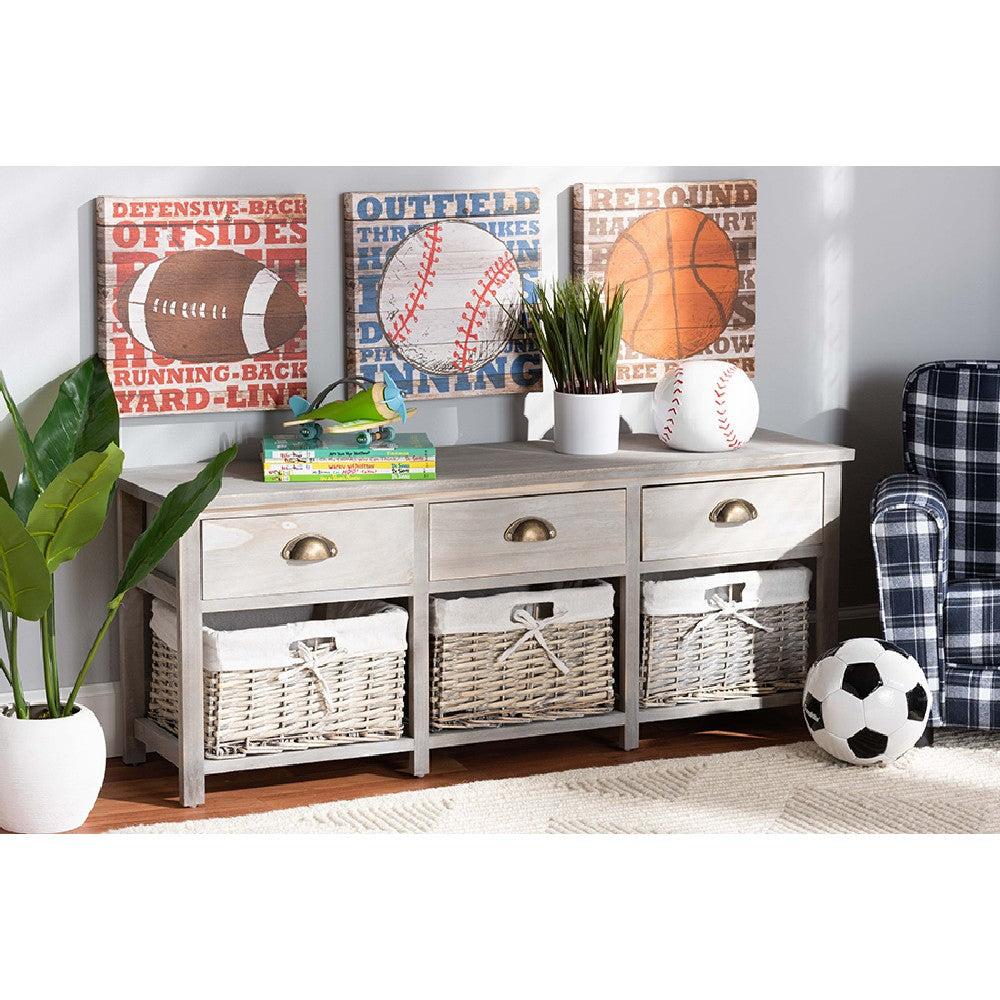 Baxton Studio Mabyn Modern and Contemporary Light Grey Finished Wood 3-Drawer Storage Bench with Baskets WHI-FZC200361-Light-Grey-Bench