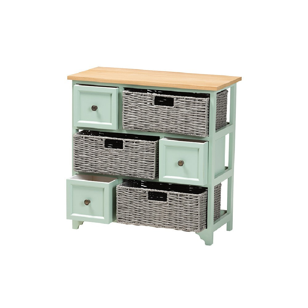 Baxton Studio Valtina Modern and Contemporary Two-Tone Oak Brown and Mint Green Finished Wood 3-Drawer Storage Unit with Baskets