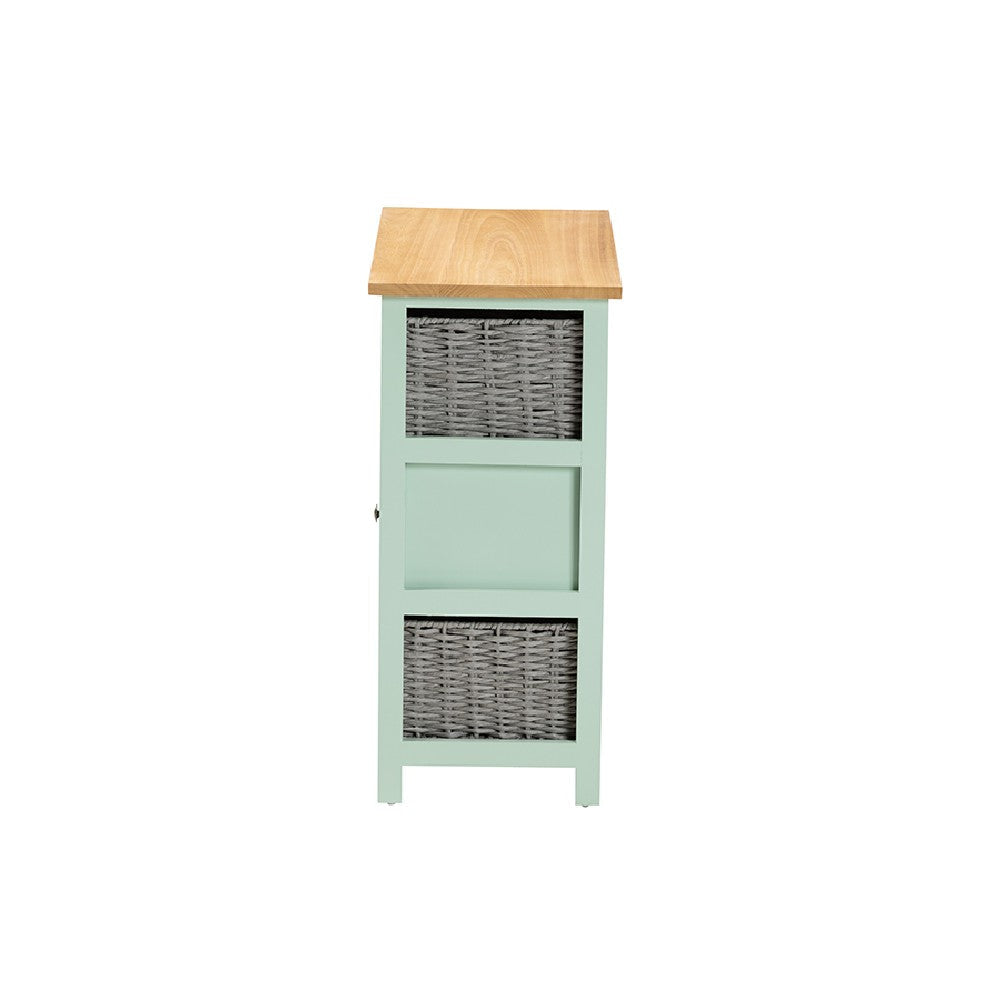 Baxton Studio Valtina Modern and Contemporary Two-Tone Oak Brown and Mint Green Finished Wood 3-Drawer Storage Unit with Baskets