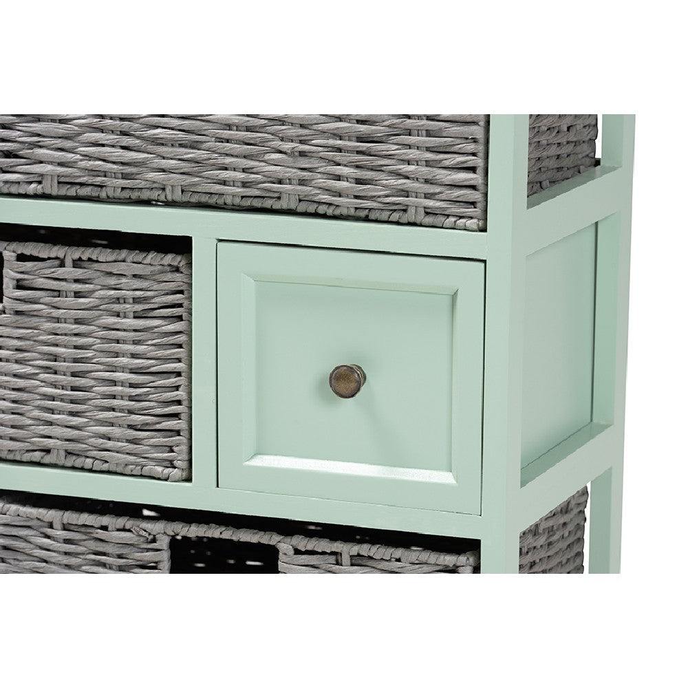 Baxton Studio Valtina Modern and Contemporary Two-Tone Oak Brown and Mint Green Finished Wood 3-Drawer Storage Unit with Baskets