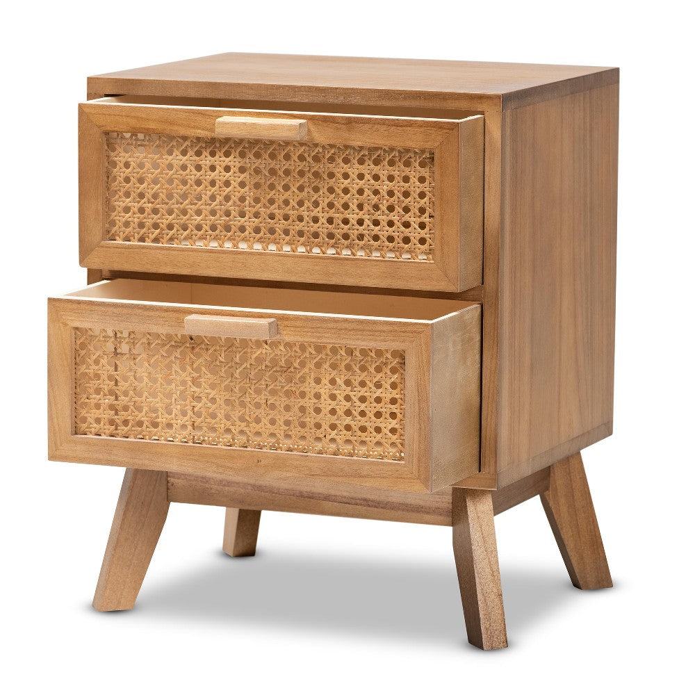 Baxton Studio Baden Mid-Century Modern Walnut Brown Finished Wood 2-Drawer End Table with Rattan
