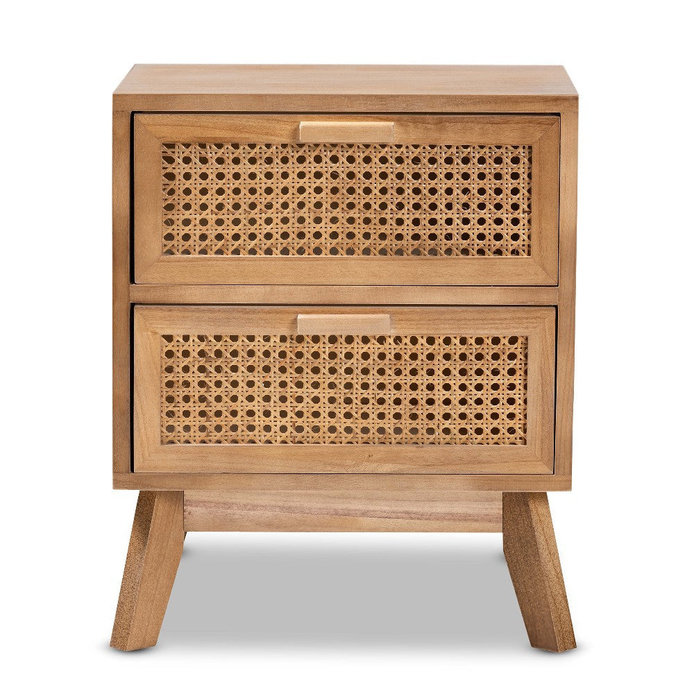 Baxton Studio Baden Mid-Century Modern Walnut Brown Finished Wood 2-Drawer End Table with Rattan