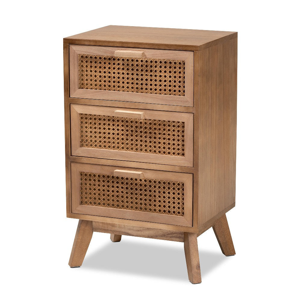 Baxton Studio Baden Mid-Century Modern Walnut Brown Finished Wood 3-Drawer End Table with Rattan