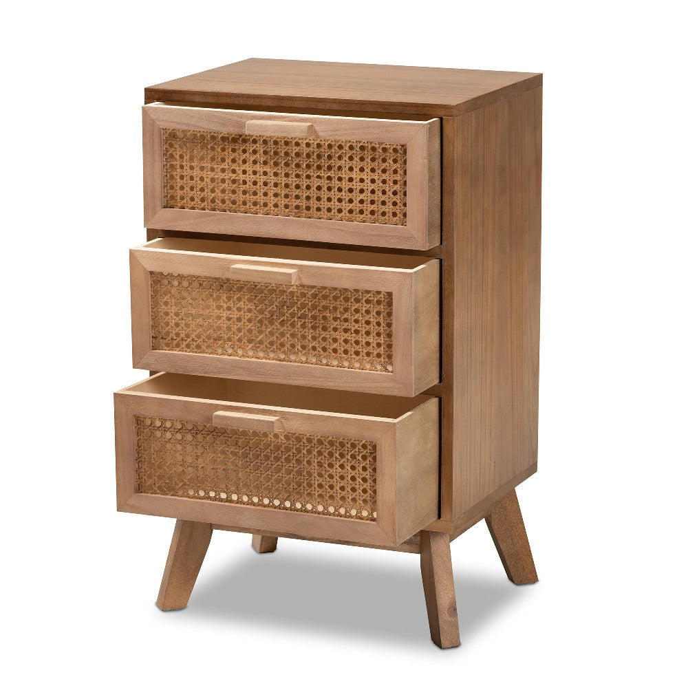 Baxton Studio Baden Mid-Century Modern Walnut Brown Finished Wood 3-Drawer End Table with Rattan