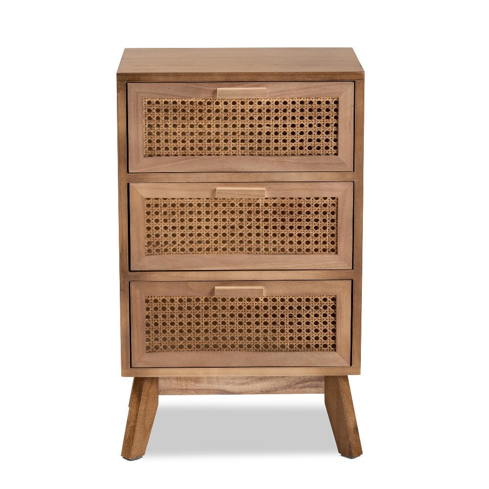 Baxton Studio Baden Mid-Century Modern Walnut Brown Finished Wood 3-Drawer End Table with Rattan