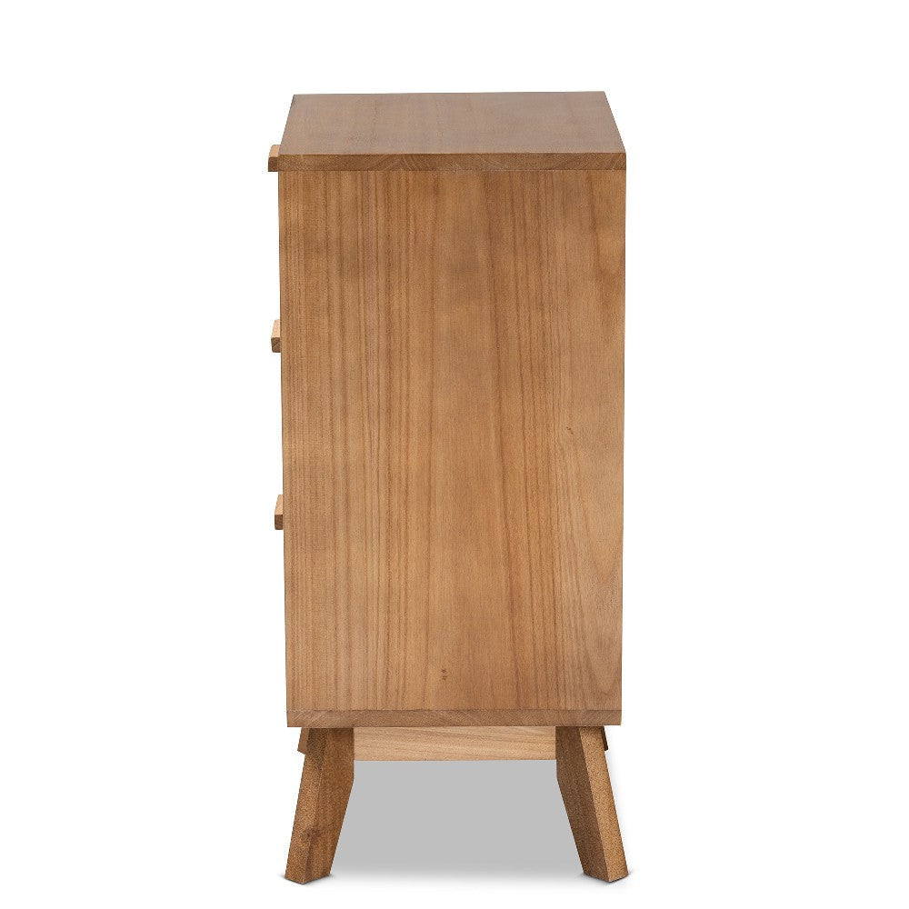 Baxton Studio Baden Mid-Century Modern Walnut Brown Finished Wood 3-Drawer End Table with Rattan
