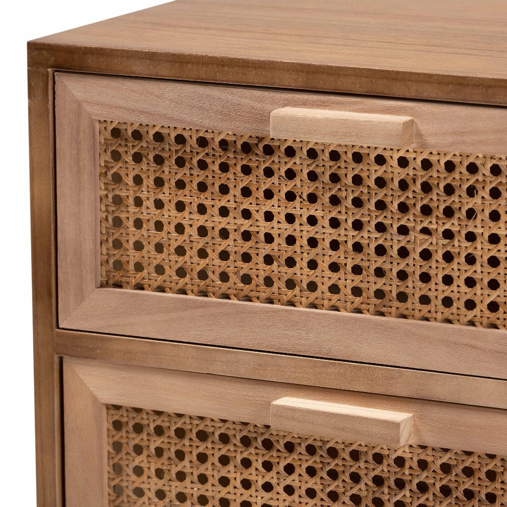 Baxton Studio Baden Mid-Century Modern Walnut Brown Finished Wood 3-Drawer End Table with Rattan