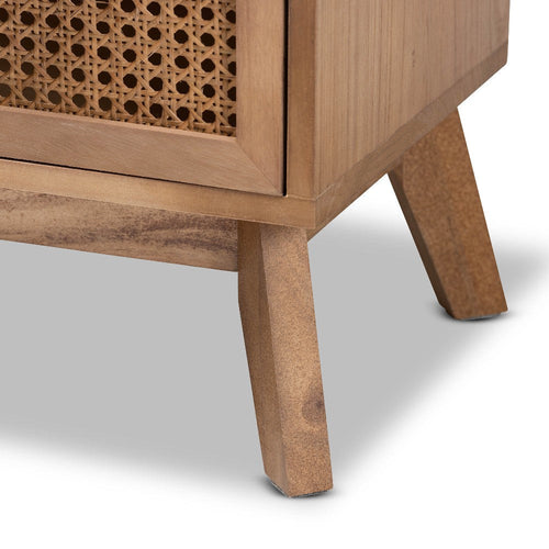 Baxton Studio Baden Mid-Century Modern Walnut Brown Finished Wood 3-Drawer End Table with Rattan