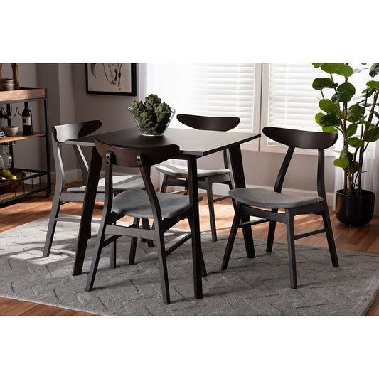 Baxton Studio Britte Mid-Century Modern Light Grey Fabric Upholstered Dark Oak Brown Finished 5-Piece Wood Dining Set