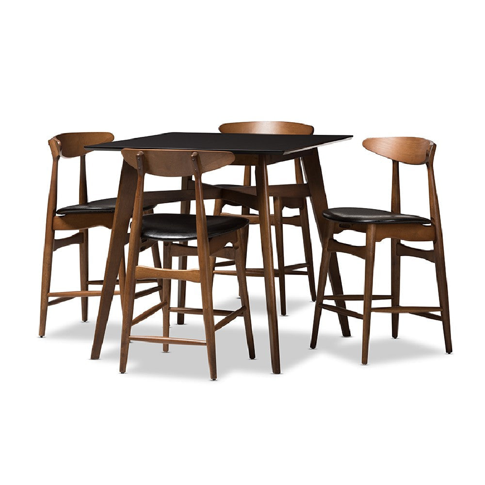Baxton Studio Flora Mid-Century Modern Black Faux-Leather Upholstered Walnut Finished 5-Piece Pub Set WHI-Flora-Black-Walnut-5PC-Pub-Set