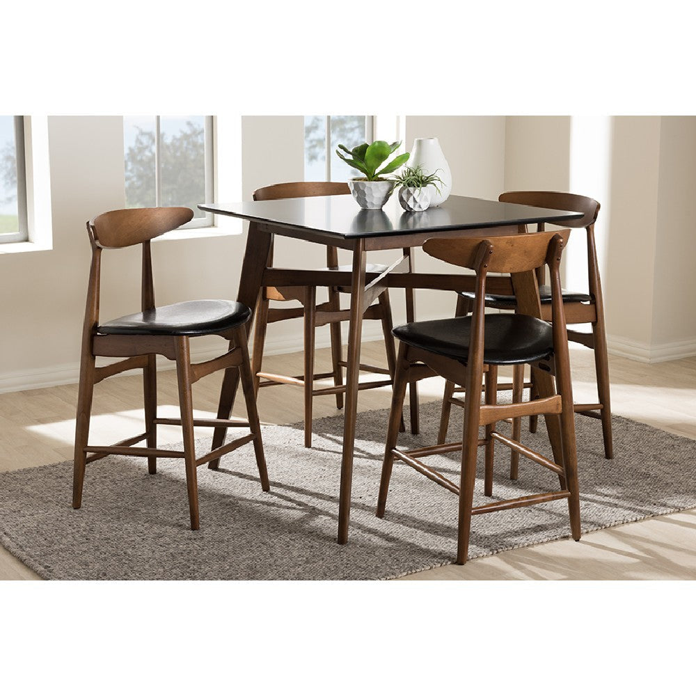 Baxton Studio Flora Mid-Century Modern Black Faux-Leather Upholstered Walnut Finished 5-Piece Pub Set WHI-Flora-Black-Walnut-5PC-Pub-Set