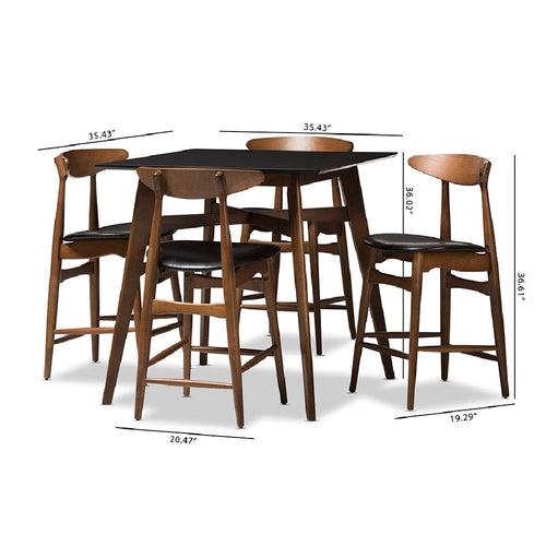 Baxton Studio Flora Mid-Century Modern Black Faux-Leather Upholstered Walnut Finished 5-Piece Pub Set
