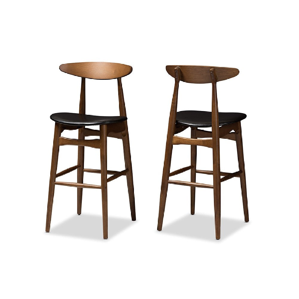 Baxton Studio Flora Mid-Century Modern Black Faux Leather Upholstered Walnut Finished Bar Stool (Set of 2) WHI-Flora-Black-Walnut-BS