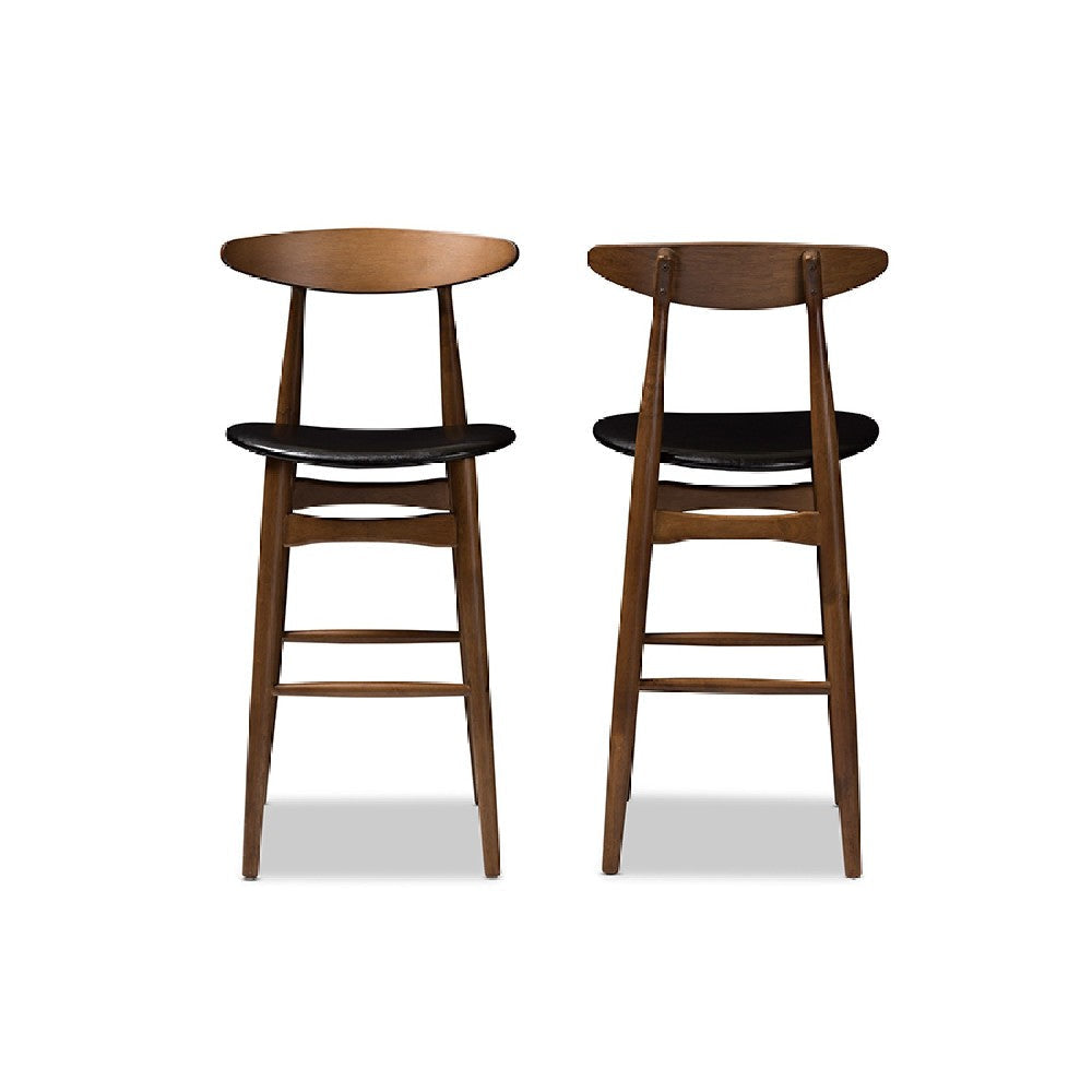 Baxton Studio Flora Mid-Century Modern Black Faux Leather Upholstered Walnut Finished Bar Stool (Set of 2) WHI-Flora-Black-Walnut-BS