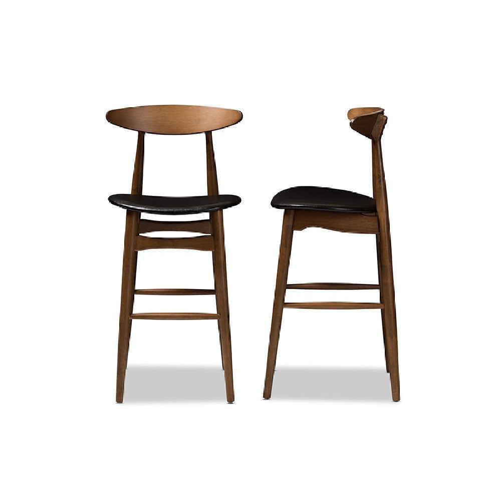 Baxton Studio Flora Mid-Century Modern Black Faux Leather Upholstered Walnut Finished Bar Stool (Set of 2) WHI-Flora-Black-Walnut-BS
