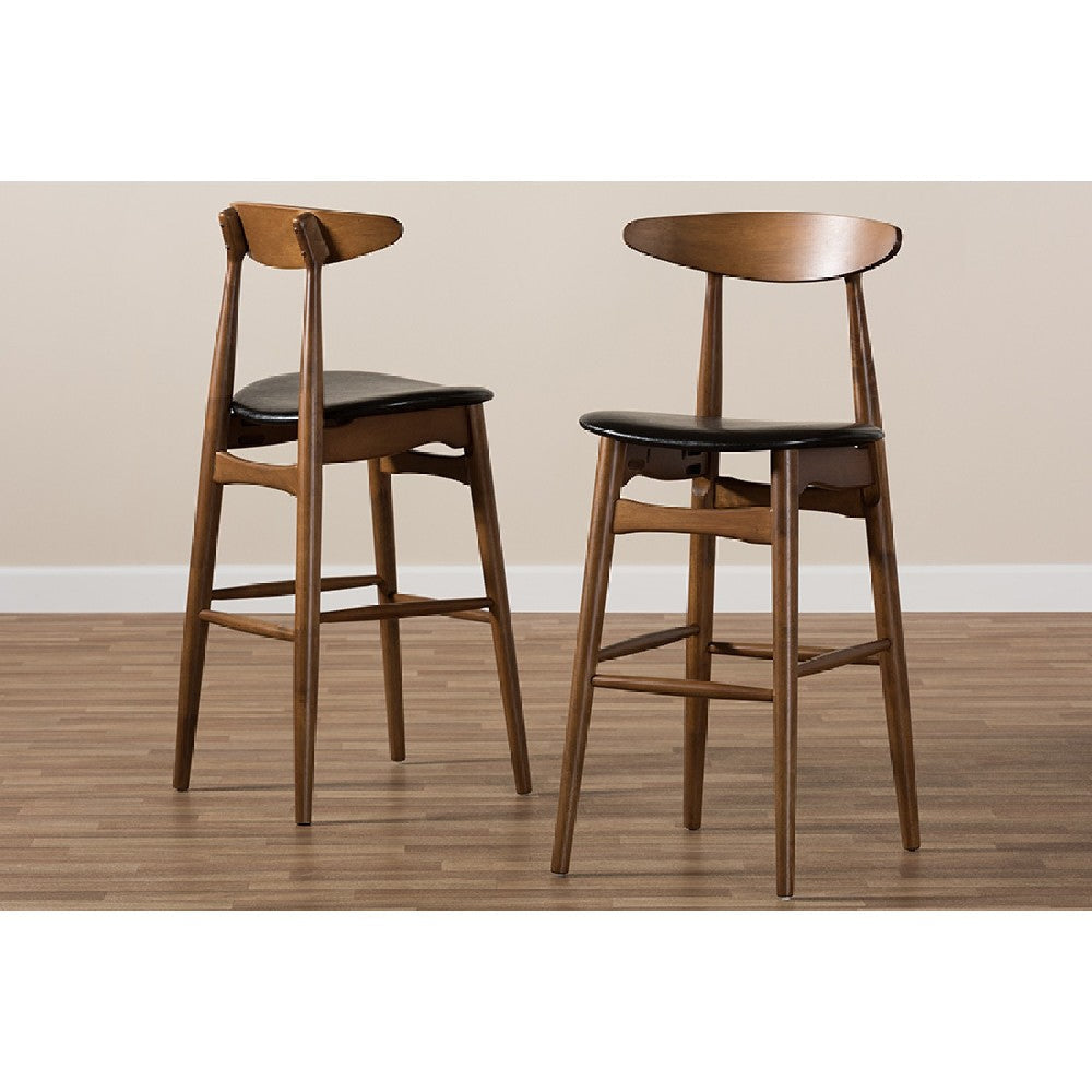 Baxton Studio Flora Mid-Century Modern Black Faux Leather Upholstered Walnut Finished Bar Stool (Set of 2) WHI-Flora-Black-Walnut-BS