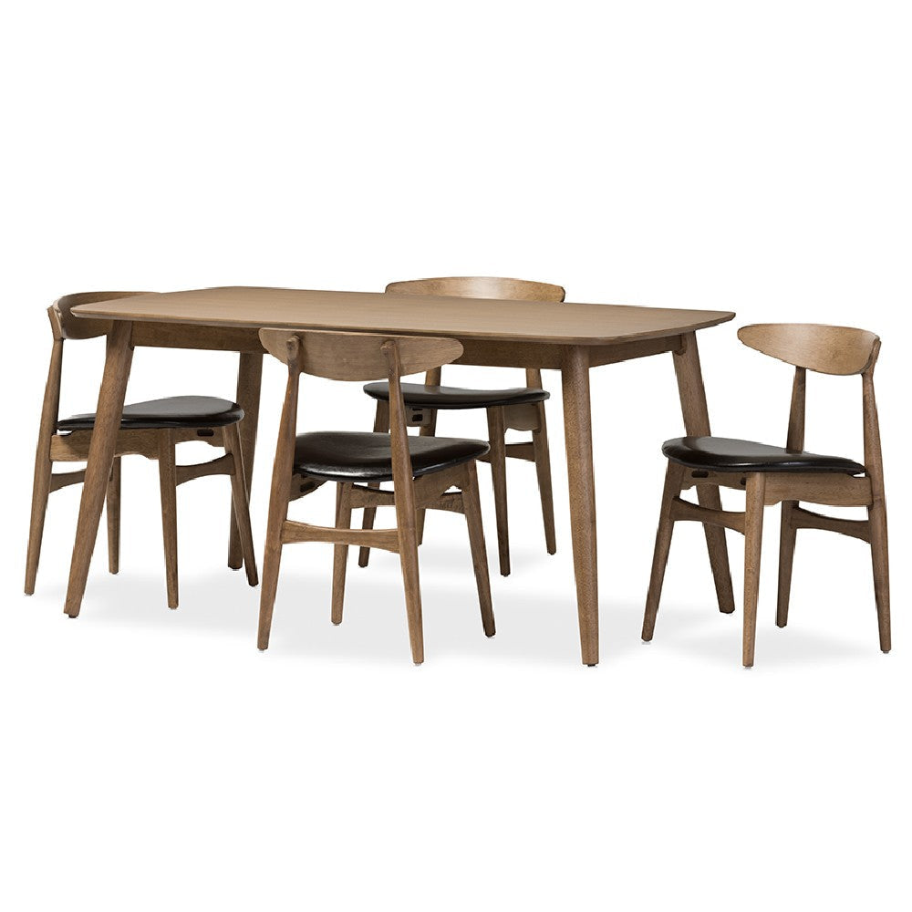 Baxton Studio Edna Mid-Century Modern French Black Faux Leather and ’Oak’ Light Brown Finishing Wood 5-Peice Dining Set