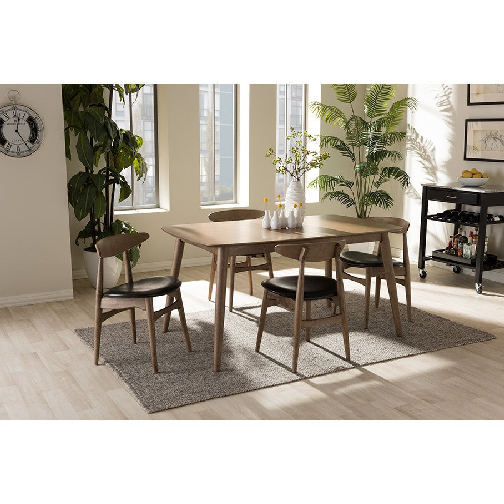 Baxton Studio Edna Mid-Century Modern French Black Faux Leather and ’Oak’ Light Brown Finishing Wood 5-Peice Dining Set