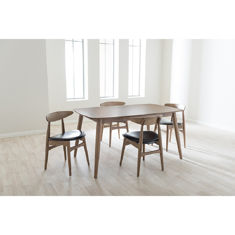 Baxton Studio Edna Mid-Century Modern French Black Faux Leather and "Oak" Light Brown Finishing Wood 5-Peice Dining Set