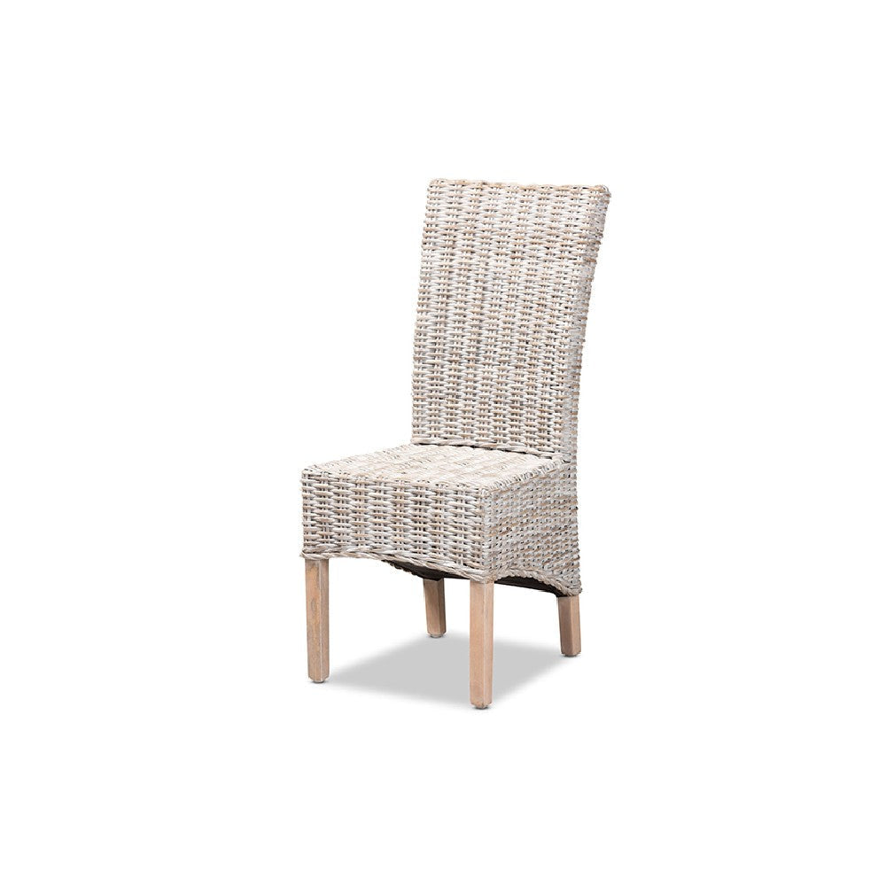 bali & pari Trianna Rustic Transitional Whitewashed Rattan and Natural Brown Finished Wood Dining Chair