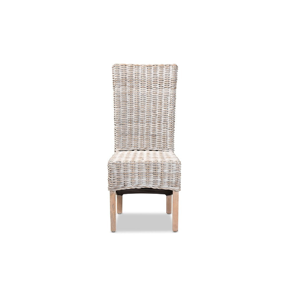 bali & pari Trianna Rustic Transitional Whitewashed Rattan and Natural Brown Finished Wood Dining Chair