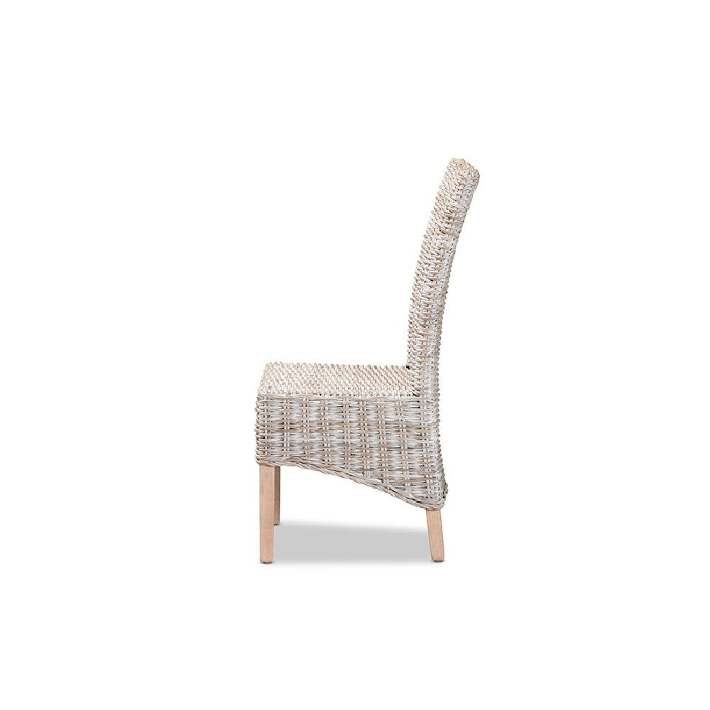 bali & pari Trianna Rustic Transitional Whitewashed Rattan and Natural Brown Finished Wood Dining Chair