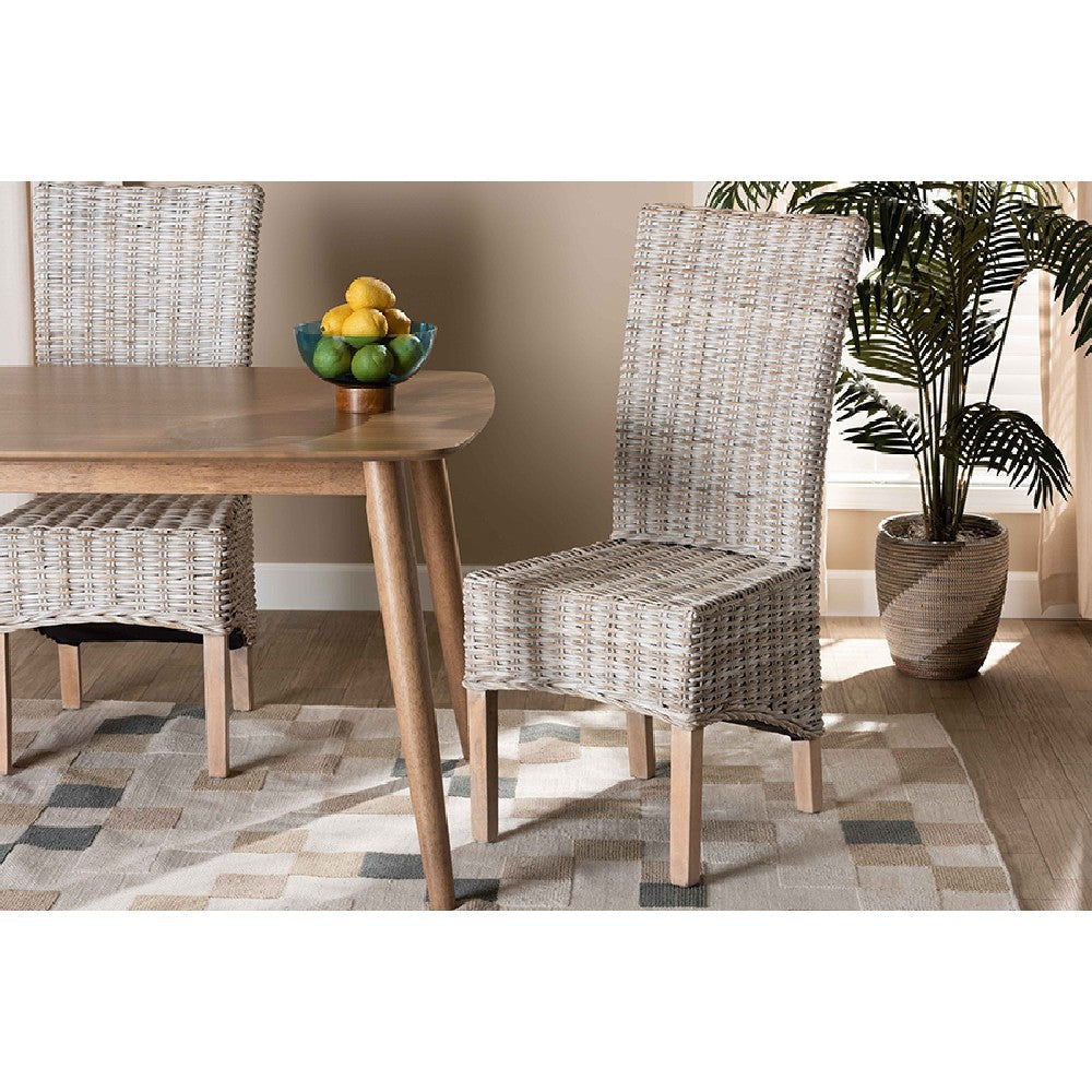 bali & pari Trianna Rustic Transitional Whitewashed Rattan and Natural Brown Finished Wood Dining Chair