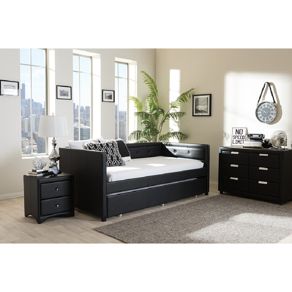 Baxton Studio Frank Modern and Contemporary Black Faux Leather Button-Tufting Sofa Twin Daybed with Roll-Out Trundle Guest Bed