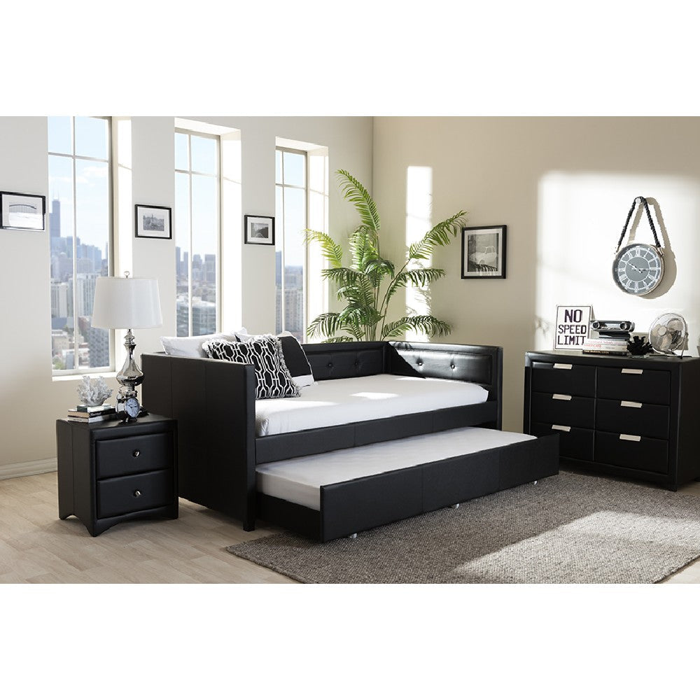 Baxton Studio Frank Modern and Contemporary Black Faux Leather Button-Tufting Sofa Twin Daybed with Roll-Out Trundle Guest Bed