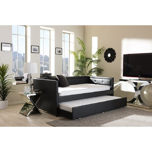 Baxton Studio Frank Modern and Contemporary Black Faux Leather Button-Tufting Sofa Twin Daybed with Roll-Out Trundle Guest Bed