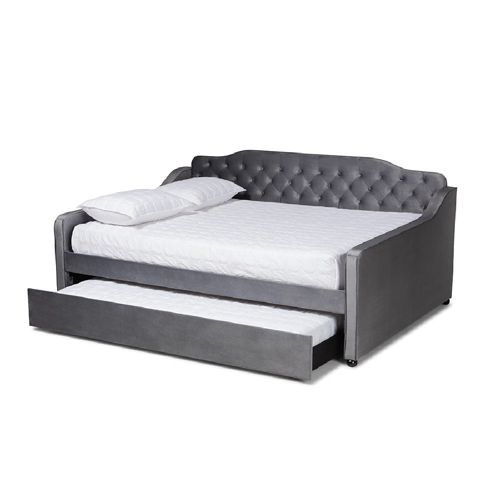 Baxton Studio Freda Transitional and Contemporary Grey Velvet Fabric Upholstered and Button Tufted Full Size Daybed with Trundle