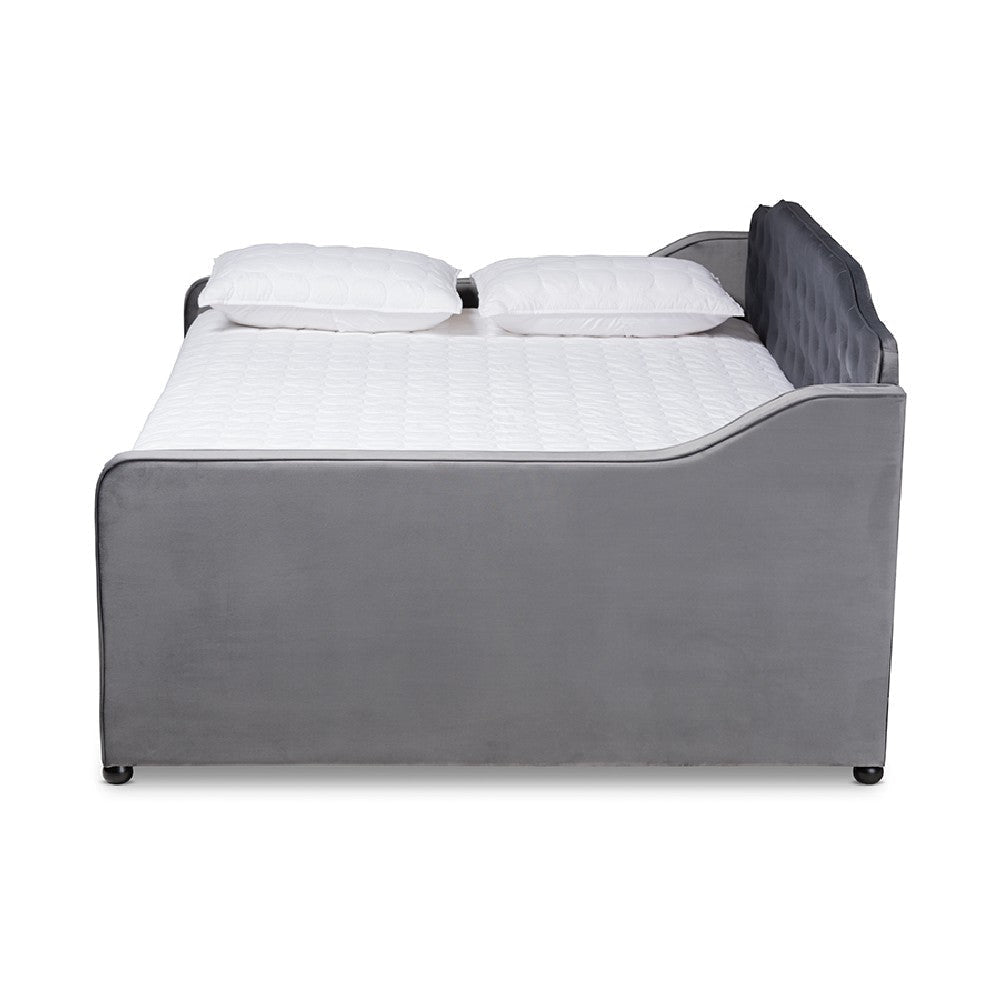 Baxton Studio Freda Transitional and Contemporary Grey Velvet Fabric Upholstered and Button Tufted Full Size Daybed with Trundle