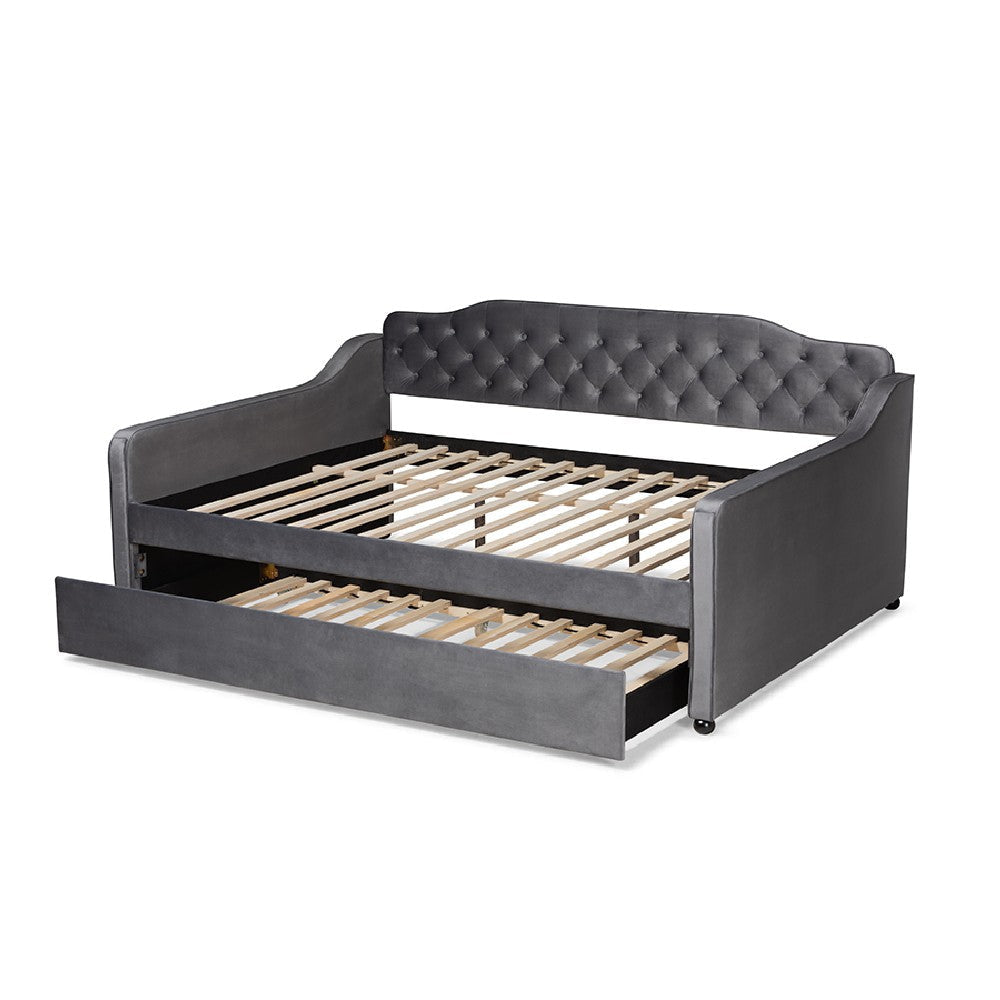 Baxton Studio Freda Transitional and Contemporary Grey Velvet Fabric Upholstered and Button Tufted Full Size Daybed with Trundle