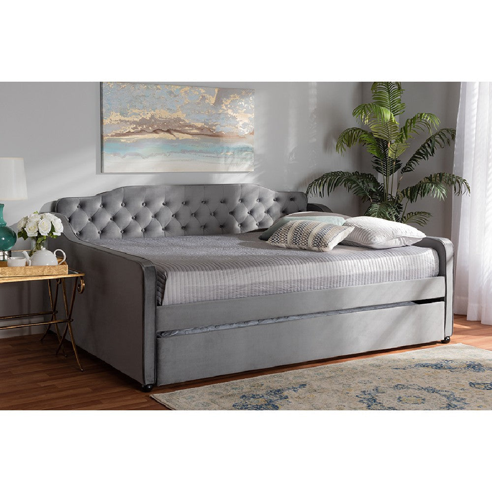 Baxton Studio Freda Transitional and Contemporary Grey Velvet Fabric Upholstered and Button Tufted Full Size Daybed with Trundle