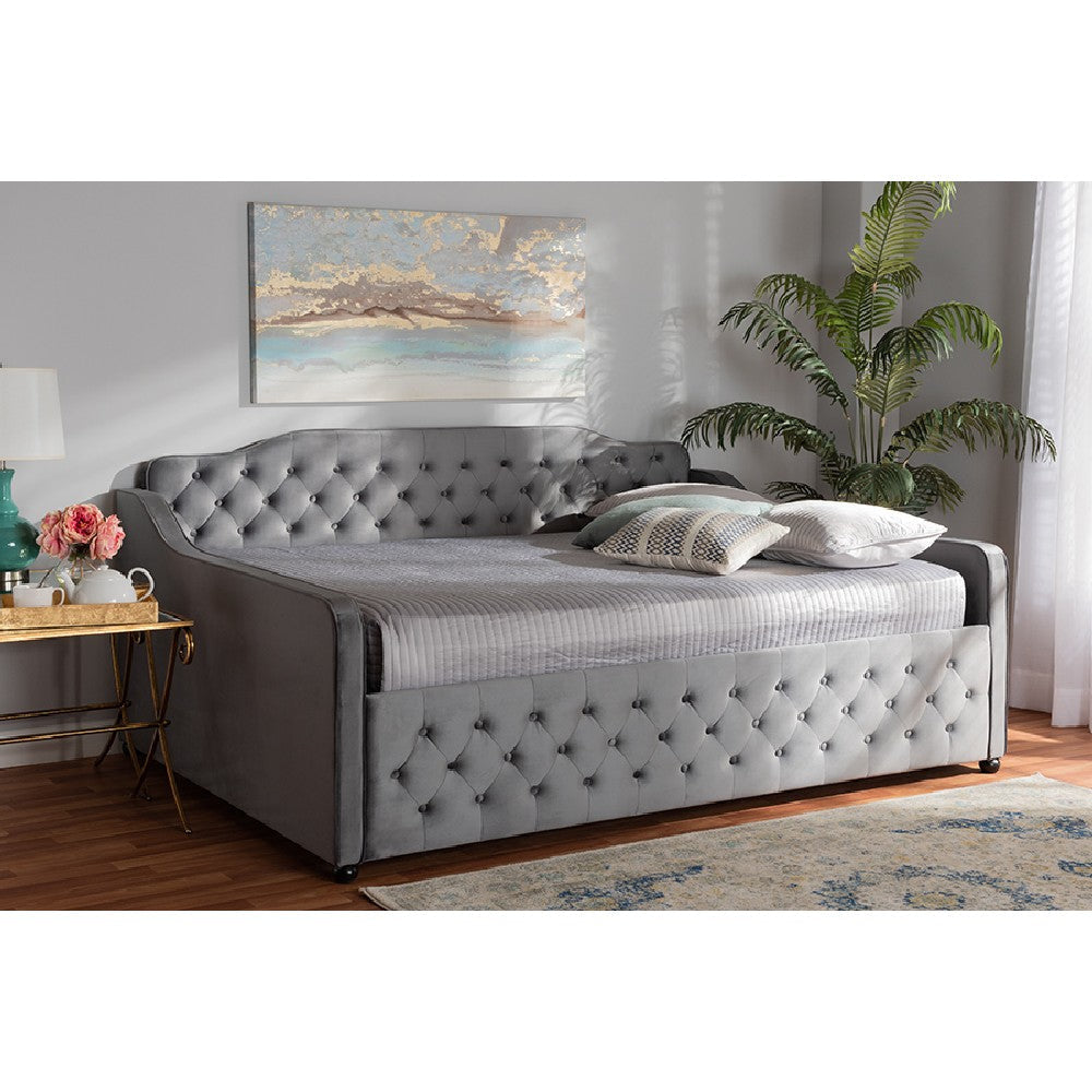 Baxton Studio Freda Transitional and Contemporary Grey Velvet Fabric Upholstered and Button Tufted Full Size Daybed