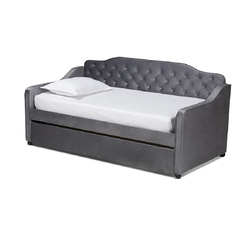 Baxton Studio Freda Traditional and Transitional Grey Velvet Fabric Upholstered and Button Tufted Twin Size Daybed with Trundle