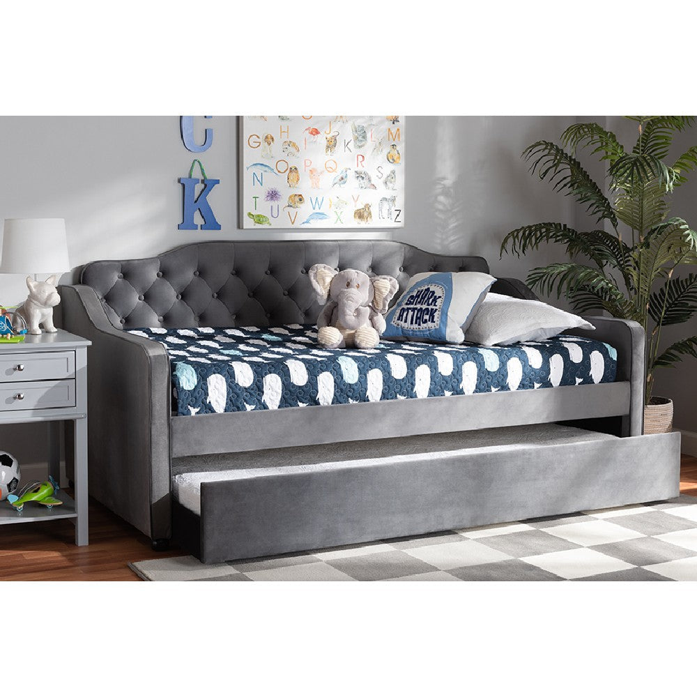 Baxton Studio Freda Traditional and Transitional Grey Velvet Fabric Upholstered and Button Tufted Twin Size Daybed with Trundle