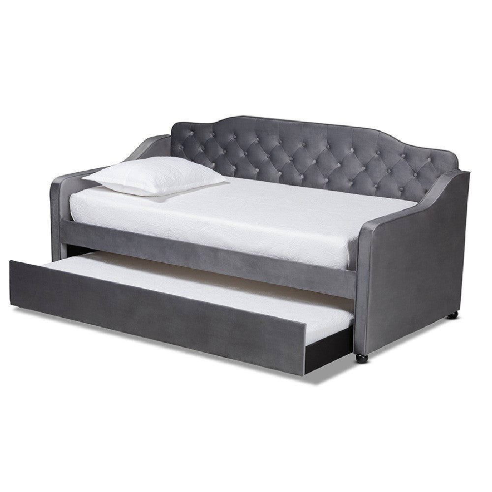 Baxton Studio Freda Traditional and Transitional Grey Velvet Fabric Upholstered and Button Tufted Twin Size Daybed with Trundle