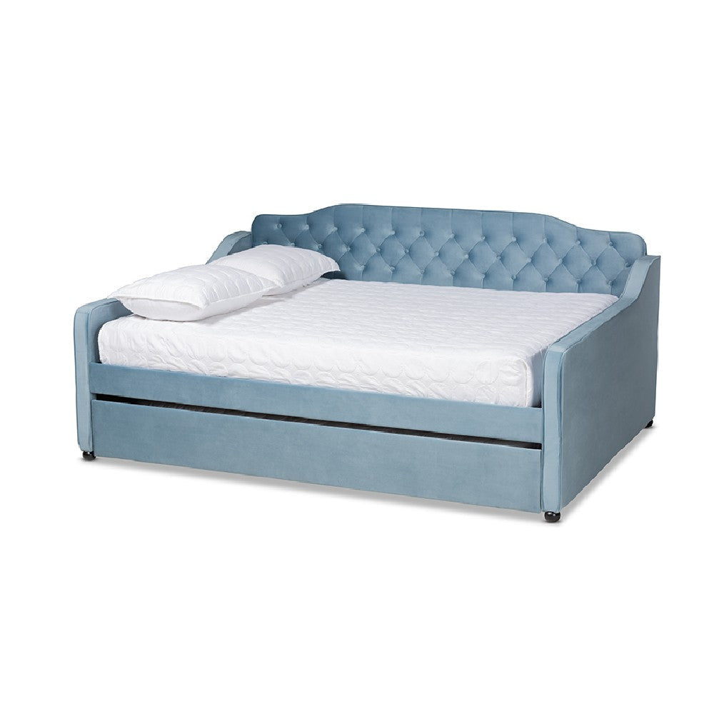 Baxton Studio Freda Transitional and Contemporary Light Blue Velvet Fabric Upholstered and Button Tufted Full Size Daybed with Trundle