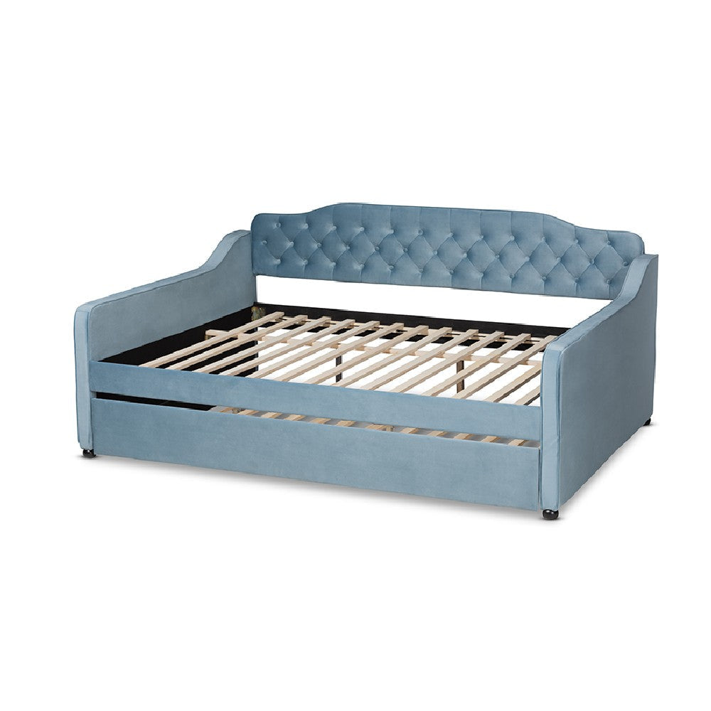 Baxton Studio Freda Transitional and Contemporary Light Blue Velvet Fabric Upholstered and Button Tufted Full Size Daybed with Trundle