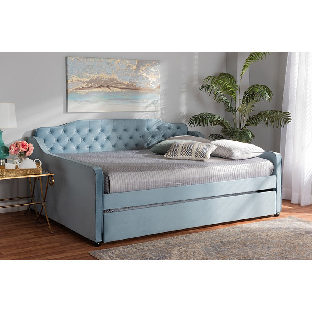 Baxton Studio Freda Transitional and Contemporary Light Blue Velvet Fabric Upholstered and Button Tufted Full Size Daybed with Trundle