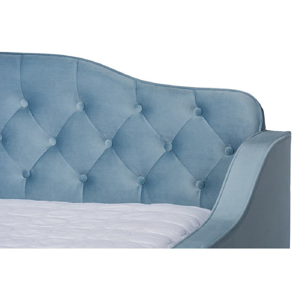 Baxton Studio Freda Transitional and Contemporary Light Blue Velvet Fabric Upholstered and Button Tufted Full Size Daybed with Trundle