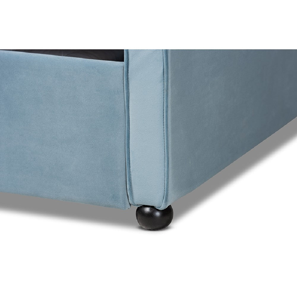 Baxton Studio Freda Transitional and Contemporary Light Blue Velvet Fabric Upholstered and Button Tufted Full Size Daybed with Trundle