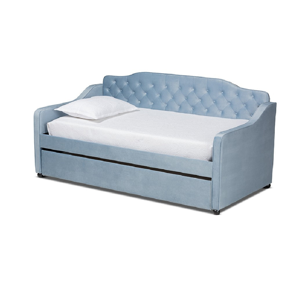 Baxton Studio Freda Traditional and Transitional Light Blue Velvet Fabric Upholstered and Button Tufted Twin Size Daybed with Trundle