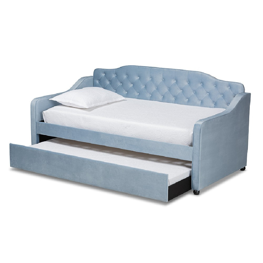 Baxton Studio Freda Traditional and Transitional Light Blue Velvet Fabric Upholstered and Button Tufted Twin Size Daybed with Trundle