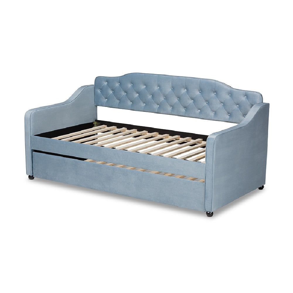 Baxton Studio Freda Traditional and Transitional Light Blue Velvet Fabric Upholstered and Button Tufted Twin Size Daybed with Trundle