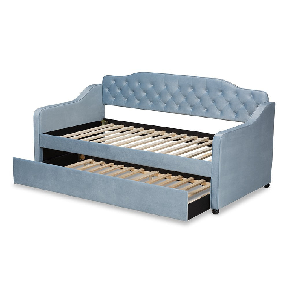 Baxton Studio Freda Traditional and Transitional Light Blue Velvet Fabric Upholstered and Button Tufted Twin Size Daybed with Trundle