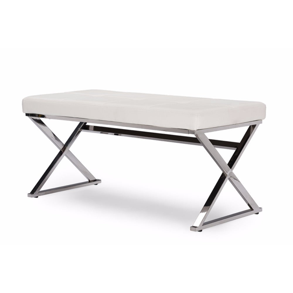 Baxton Studio Herald Modern and Contemporary Stainless Steel and White Faux Leather Upholstered Rectangle Bench WHI-GY-8414-White-PU